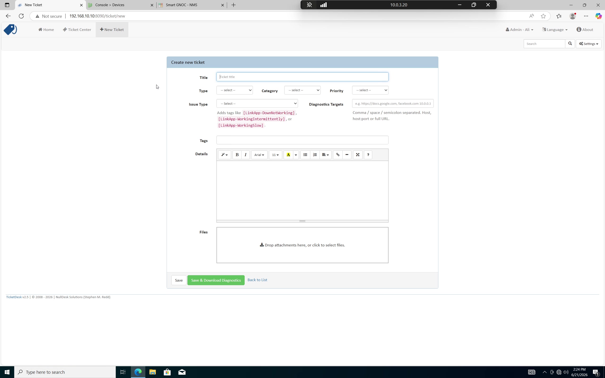 User creates a ticket reporting an inaccessible website or application