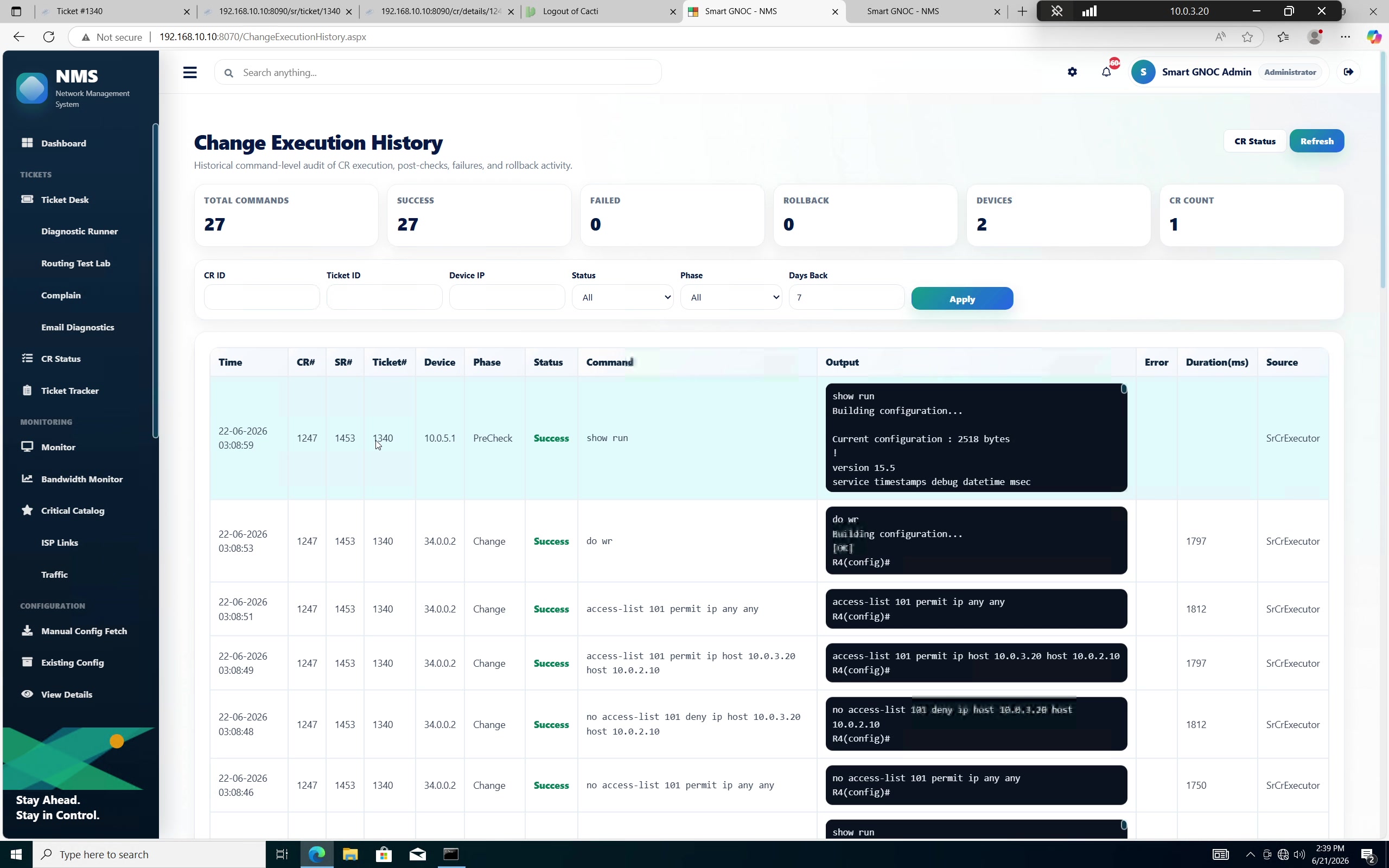 Smart GNOC change execution history showing devices commands and returned output