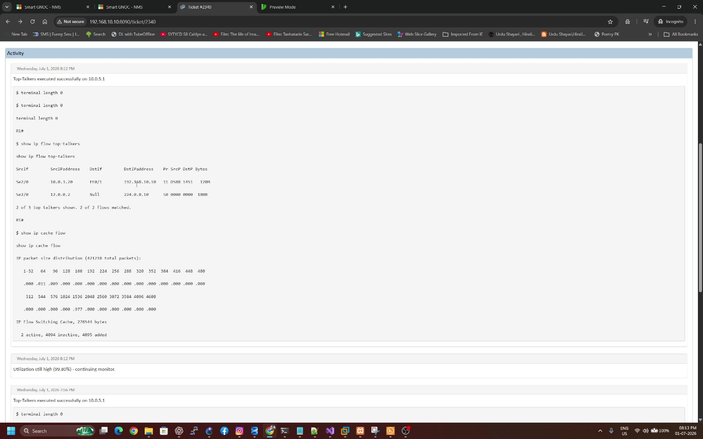 Bandwidth utilisation incident ticket with high consumer evidence