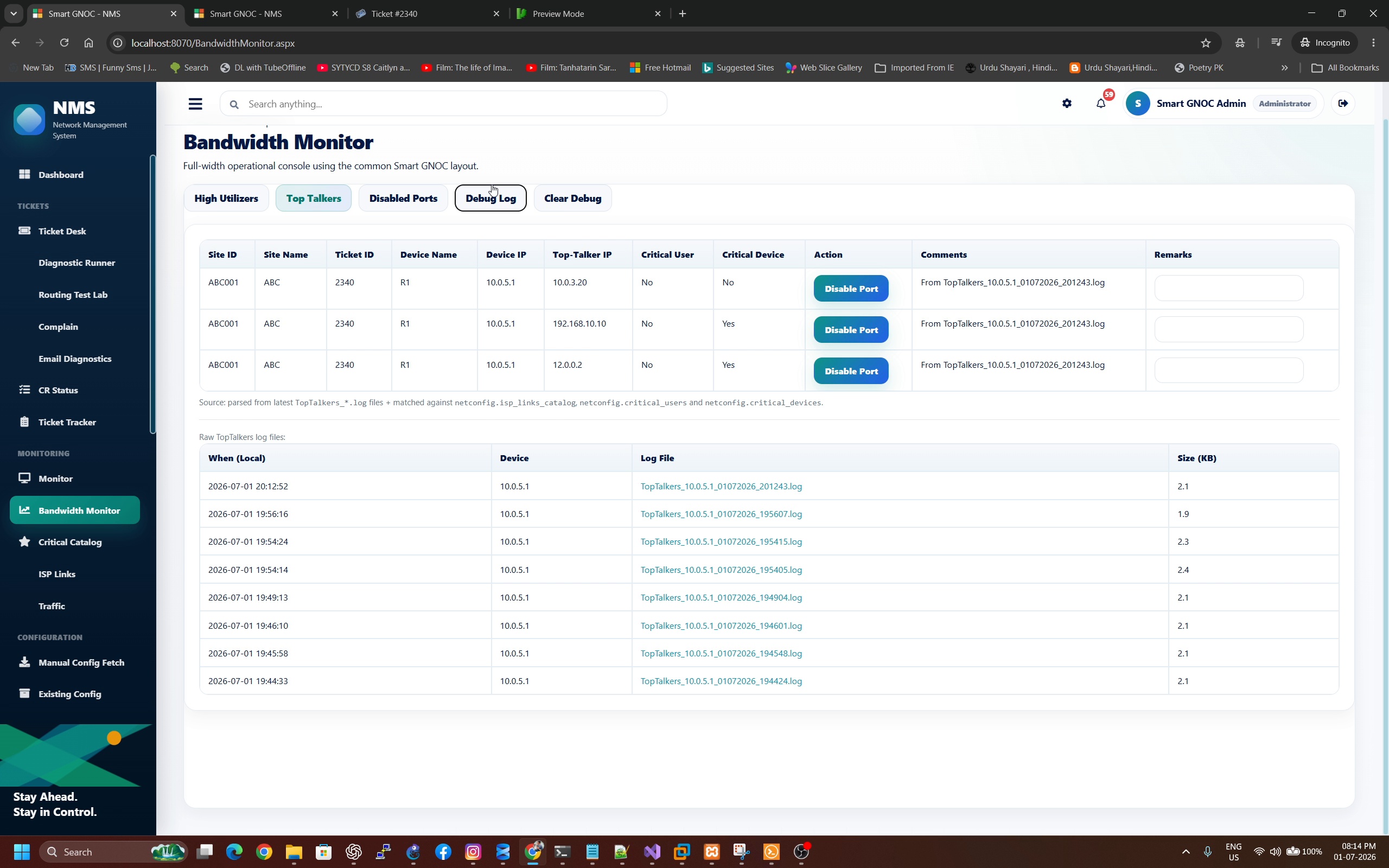 Smart GNOC bandwidth monitor classifying high bandwidth consumer