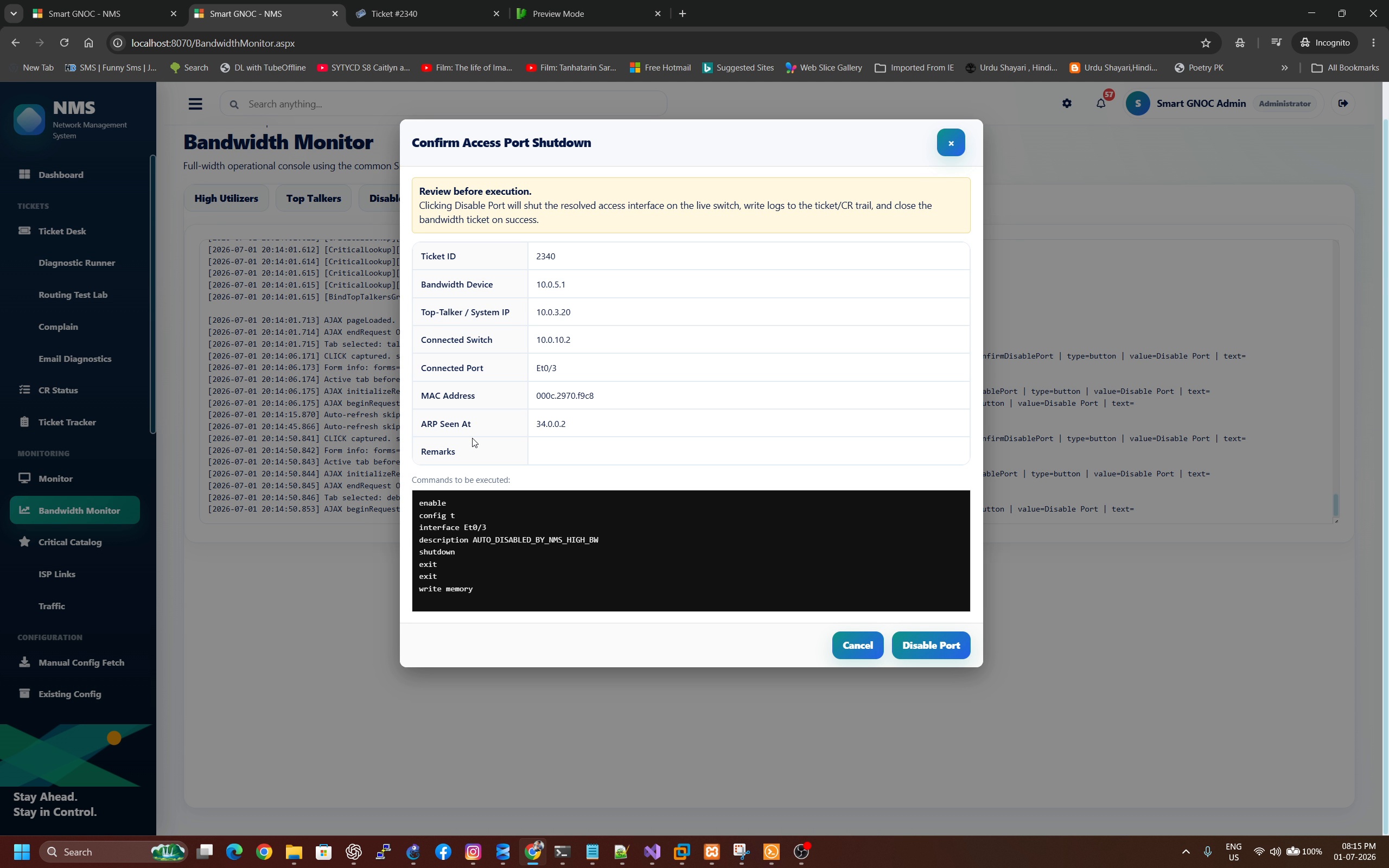 Engineer controlled bandwidth containment action through Smart GNOC GUI