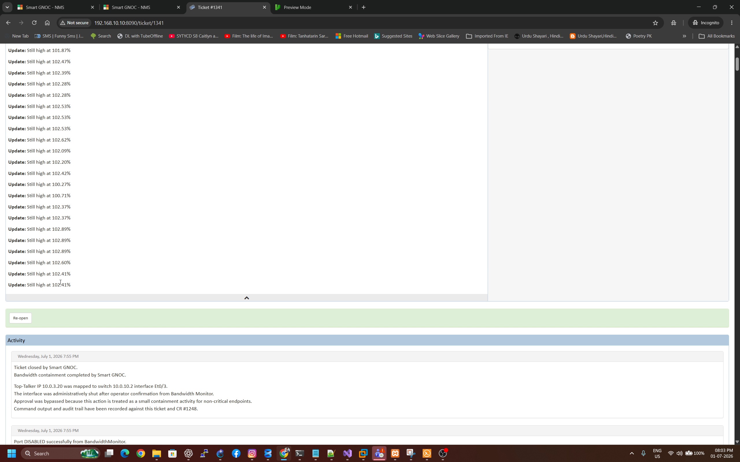 Existing ticket updated with repeated bandwidth utilisation attempts instead of creating duplicate incidents