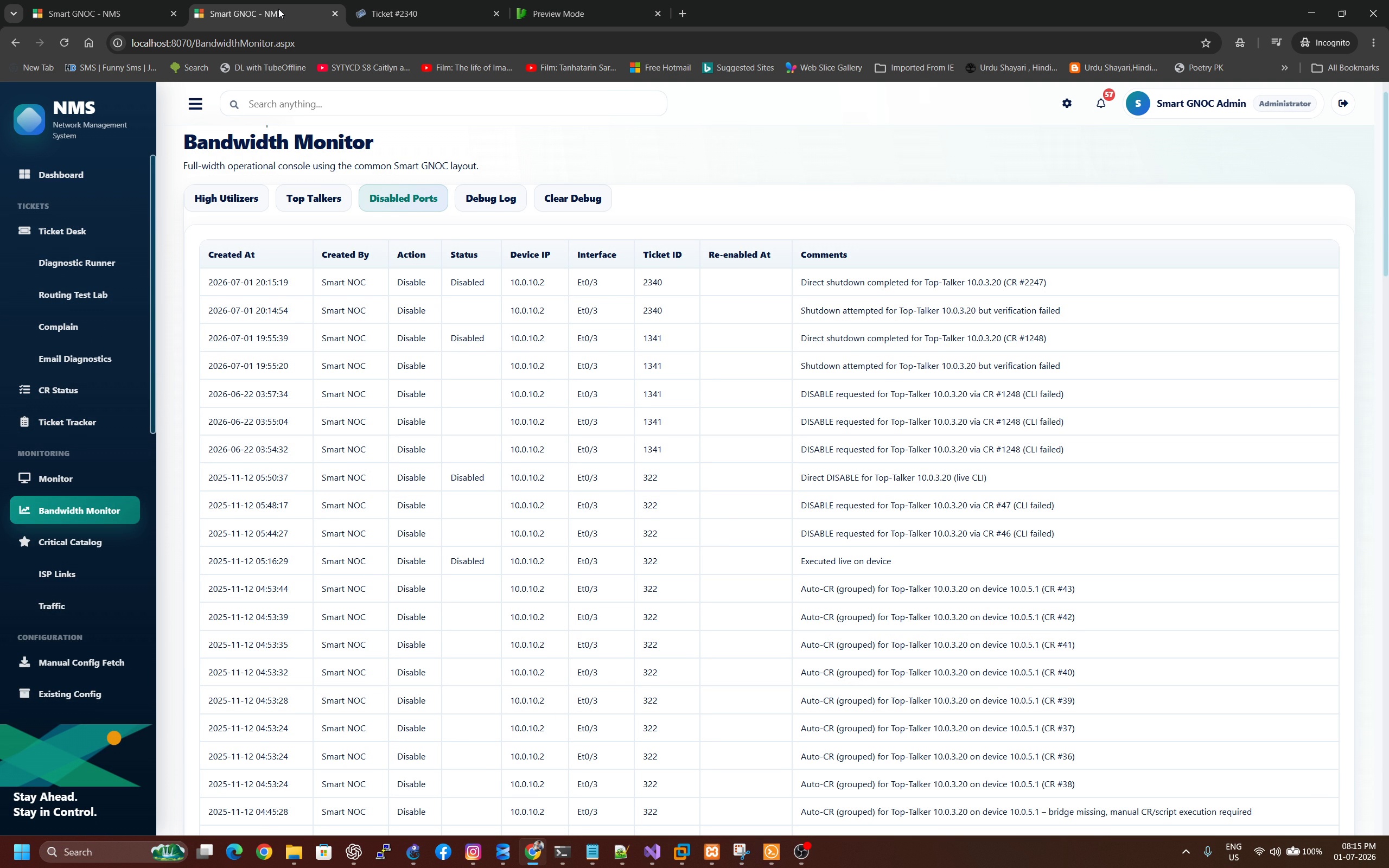 Bandwidth containment actions with port reason ticket and outcome